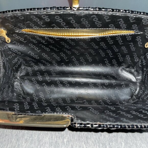RODO Italy Vintage Black & Gold Woven Wicker Straw Clutch Hand Bag Pushlock - Picture 5 of 5